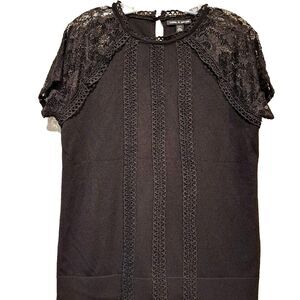 Cable & Gauge Black Lace Cap Sleeves Knit Top Blouse Crochet Detail Womens Sz M